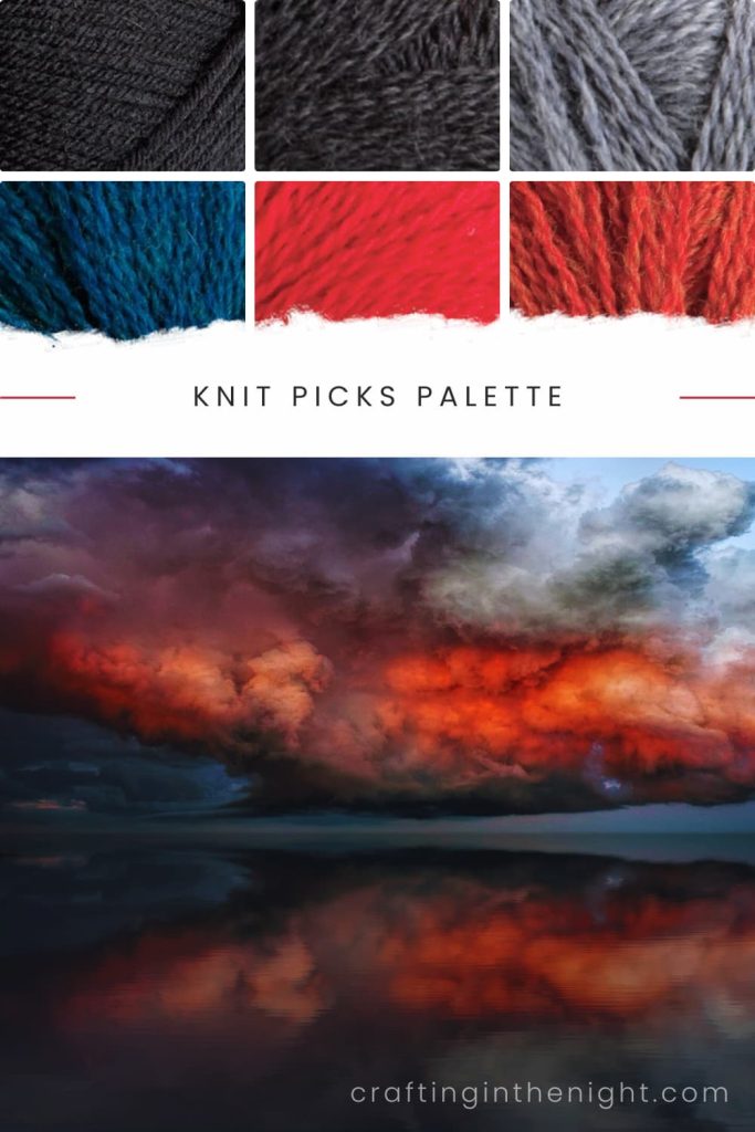 Black Color Palette for crochet or knit. Includes color black, grey, red, orange and blue gree in Knit Picks Palette