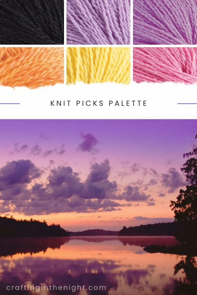 The View Yarn Color Palette for crochet or knit, includes colors Black, Pennyroyal, Golden Heather, Cotton Candy in Knit Picks Palette