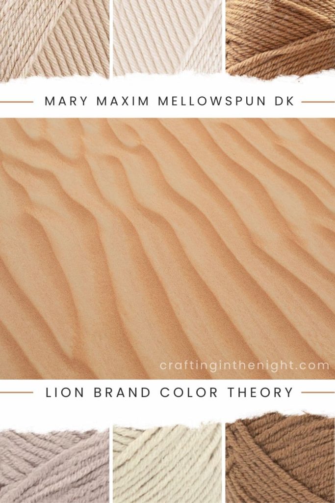 Wavy Dunes Yarn Color Palette for crochet or knit, includes colors sand, buff, nutmeg, bone, and moonbeam in Mary Maxim Mellowspun DK and Lion Brand Color Theory