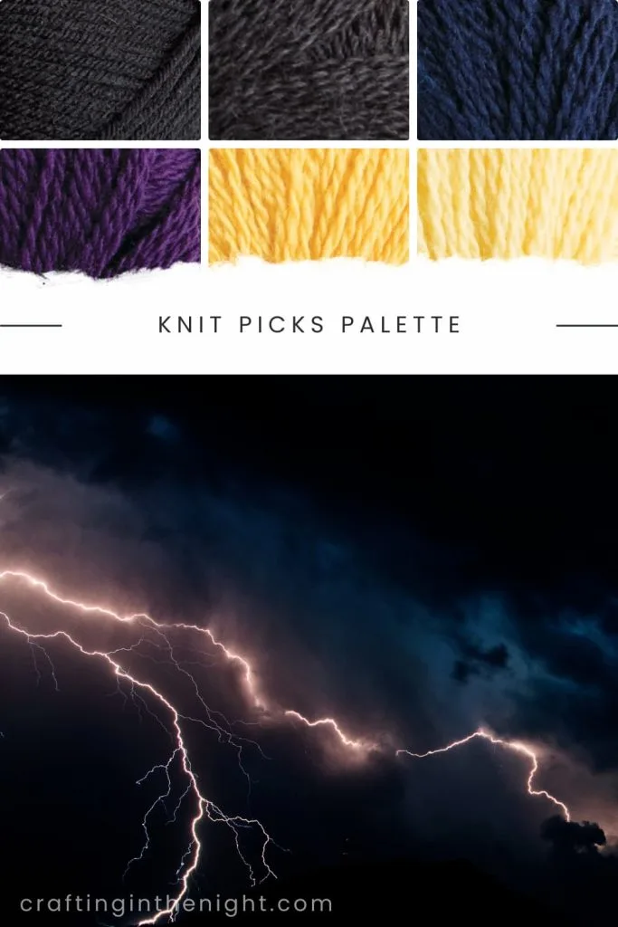 Black Color Palette for crochet or knit. Includes color black, grey, blue, yellow and violet in Knit Picks Palette