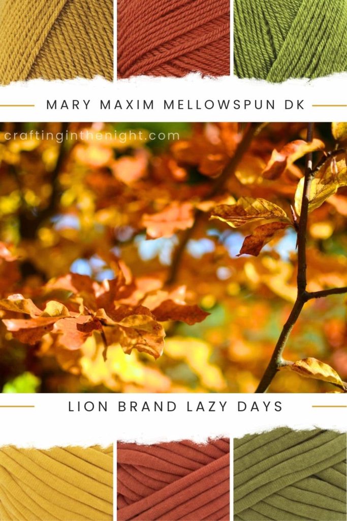 A Magical Season Fall Color Palette for Crochet or Knits Yarn includes yellow, red, and green in Mary Maxim Mellowspun DK and Lion Brand Lazy Days