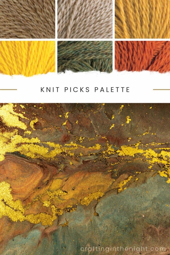 A Strike of Gold Yarn Color Palette for crochet or knit, includes colors Camel Heather, Coriander Heather, Turmeric, Canary, Verdant Heather, and Masala in Knit Picks Palette