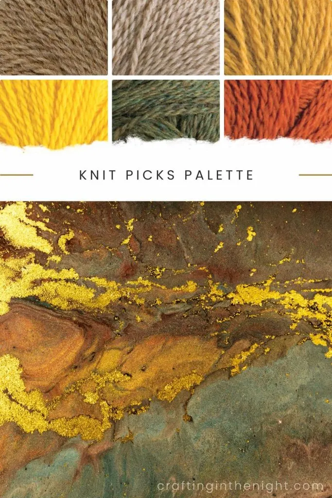 A Strike of Gold Yarn Color Palette for crochet or knit, includes colors Camel Heather, Coriander Heather, Turmeric, Canary, Verdant Heather, and Masala in Knit Picks Palette