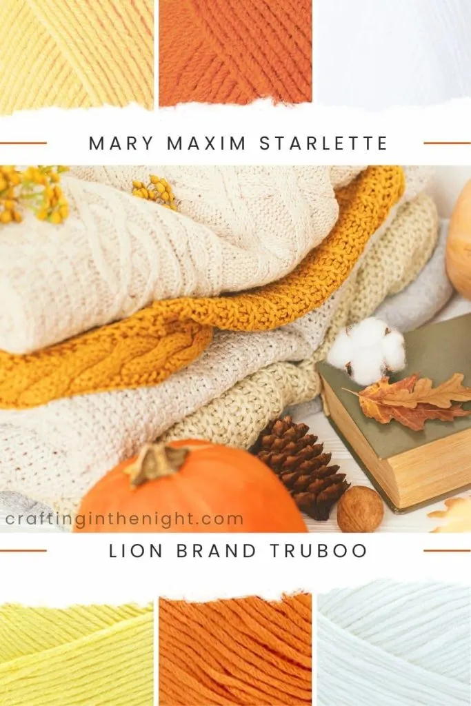 Change Up Fall Color Palette for Crochet or Knits Yarn includes yellow, orange, and white in Mary Maxim Starlette and Lion Brand Truboo