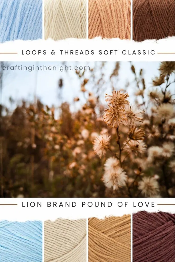 Colors of Nature Yarn Color Palette for crochet or knit, includes colors Light Blue, Off White, Bisque, Toasted Almond, Sugar Cookie, Pumpkin Pie, and Cinnabar in Loops & Threads Soft Classic and Lion Brand Pound of Love