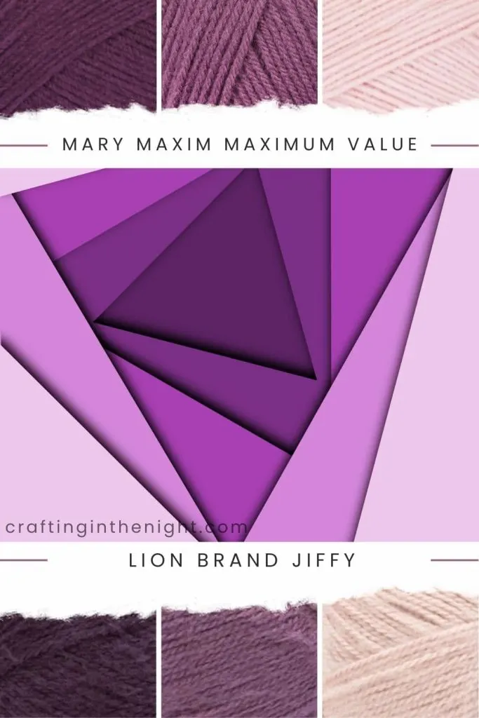 Embrace the Unknown Yarn Color Palette for crochet or knit, includes colors Dark Violet, Medium Violet, Light Rose, Eggplant, Plum, and Blush in Mary Maxim Maximum Value and Lion Brand Jiffy Bonus Bundle