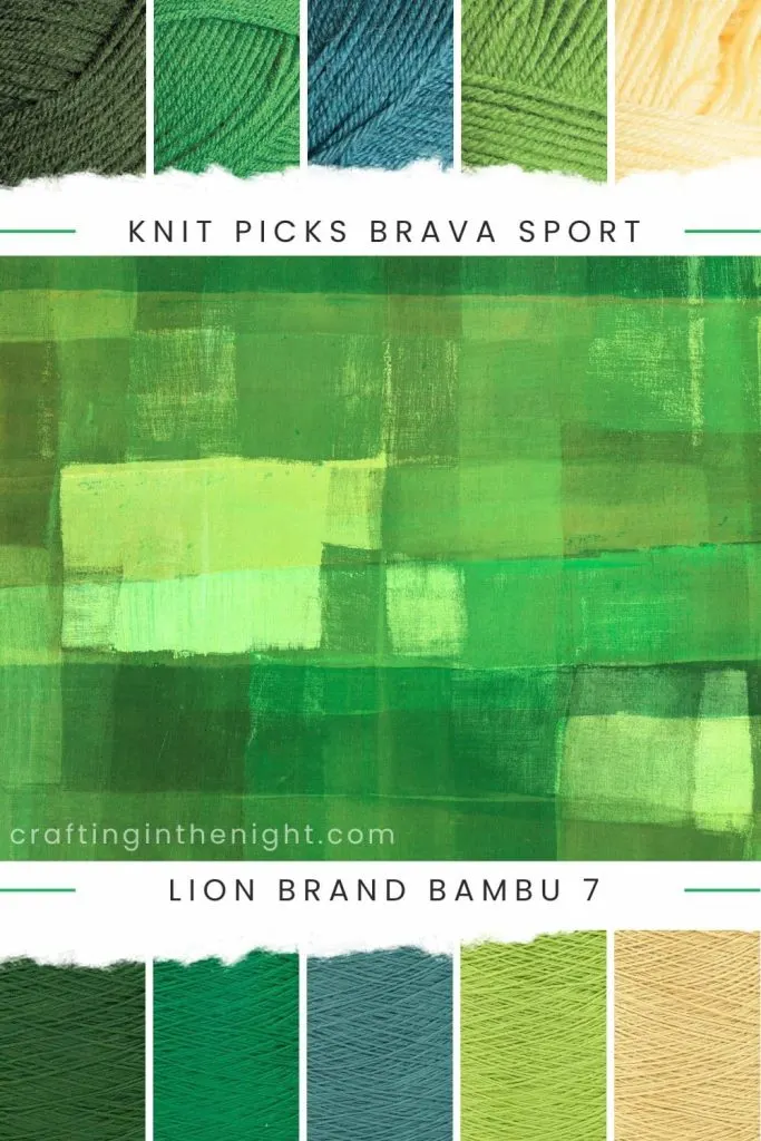 Embrace the Zone Yarn Color Palette for crochet or knit, includes colors Dublin, Grass, Tidepool, Peapod, Custard, Deep Loden, Shamrock, Spruce, Lime, and Honey in Knit Picks Brava Sport and Lion Brand Bambu 7