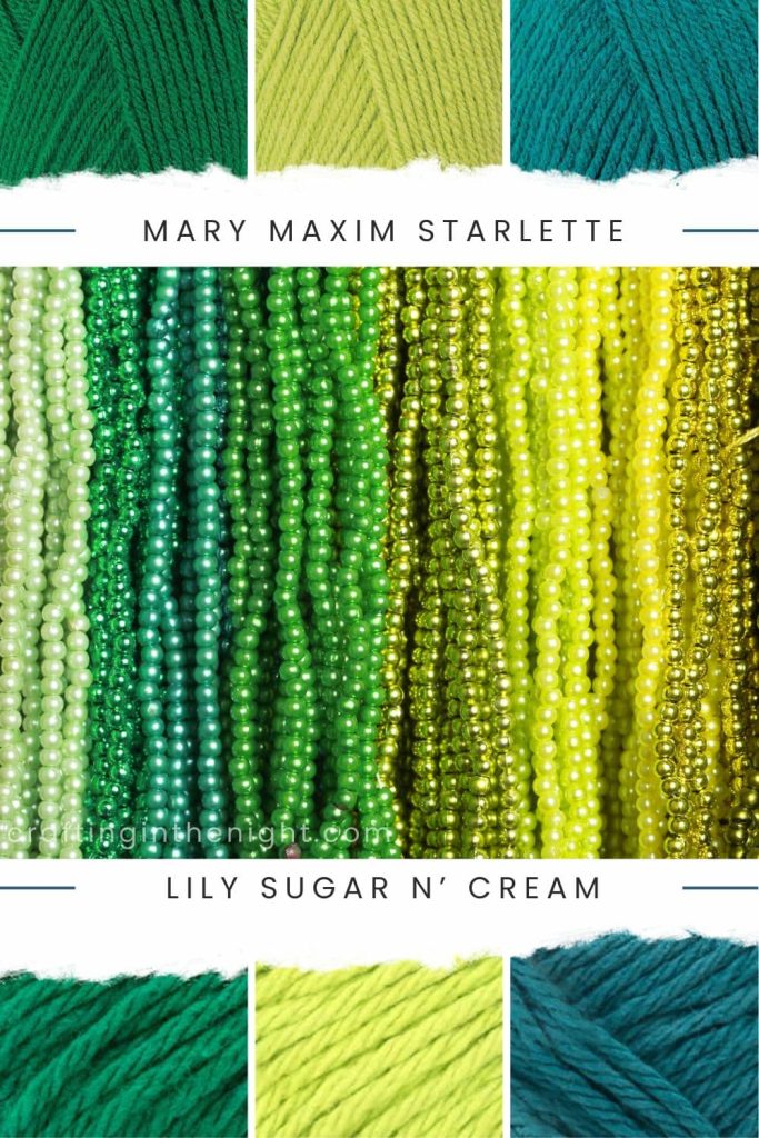 Equally Balanced  Yarn Color Palette for crochet or knit, includes colors Grass Green, Lime, Turquoise, Mod Green, Hot Green, and Teal in Mary Maxim Starlette and Lion Brand Lily Sugar N'Cream