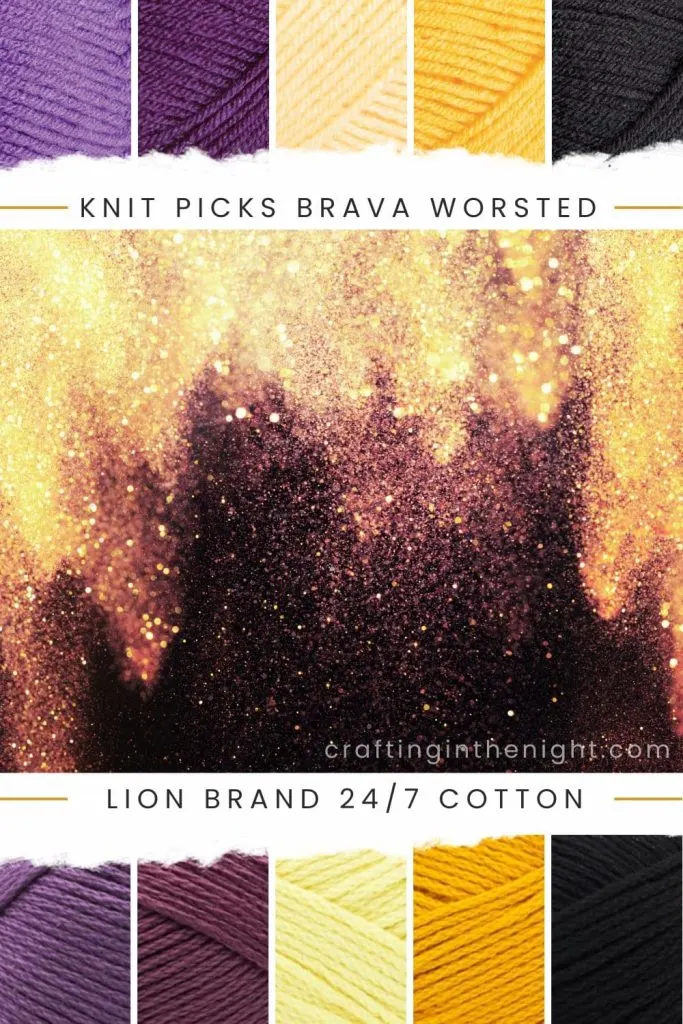 Everything That Glitters IS.. Yarn Color Palette for crochet or knit, includes colors Freesia, Mulberry, Custard, Canary, Black, Purple, Lilac, Lemon, and Goldenrod in Knit Picks Brava Worsted and Lion Brand 24/7 Cotton