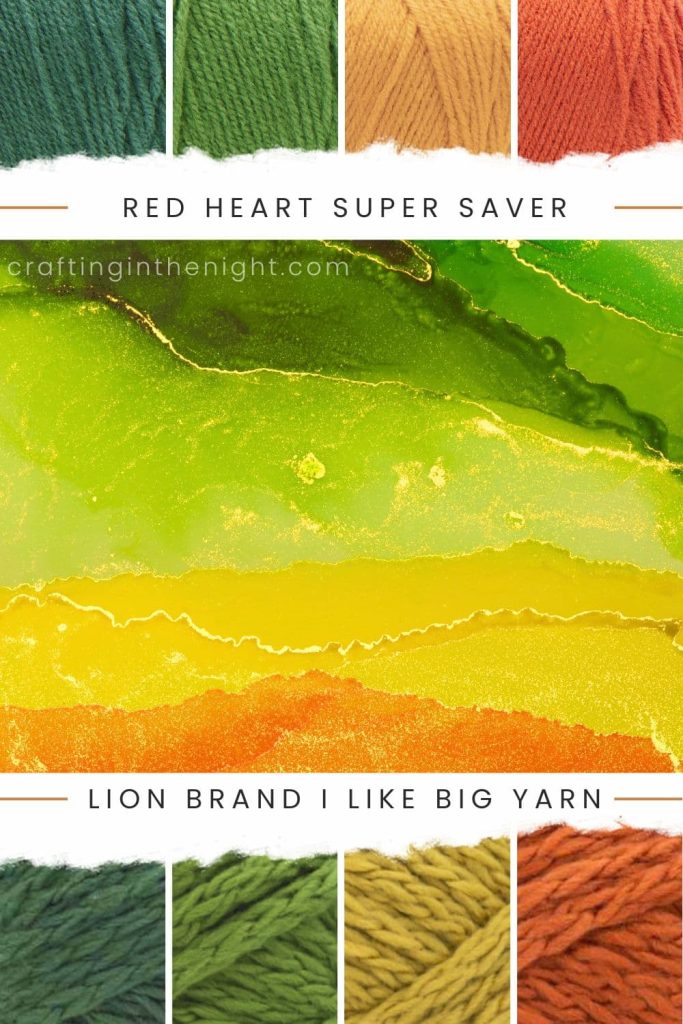Explosive Glam Yarn Color Palette for crochet or knit, includes colors Light Sage, Tea Leaf, Gold, Carrot, Fir, Dill, Beeswax, and Marmalade in Red Heart Super Saver and Lion Brand I like Big Yarn