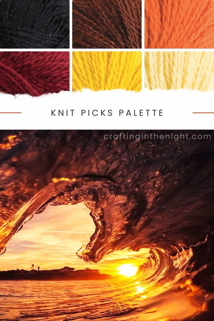 Fervent Sunset yarn orange color palette for crochet or knit includes black, brown, orange, red, yellow, and light yellow in Knit Picks Palette