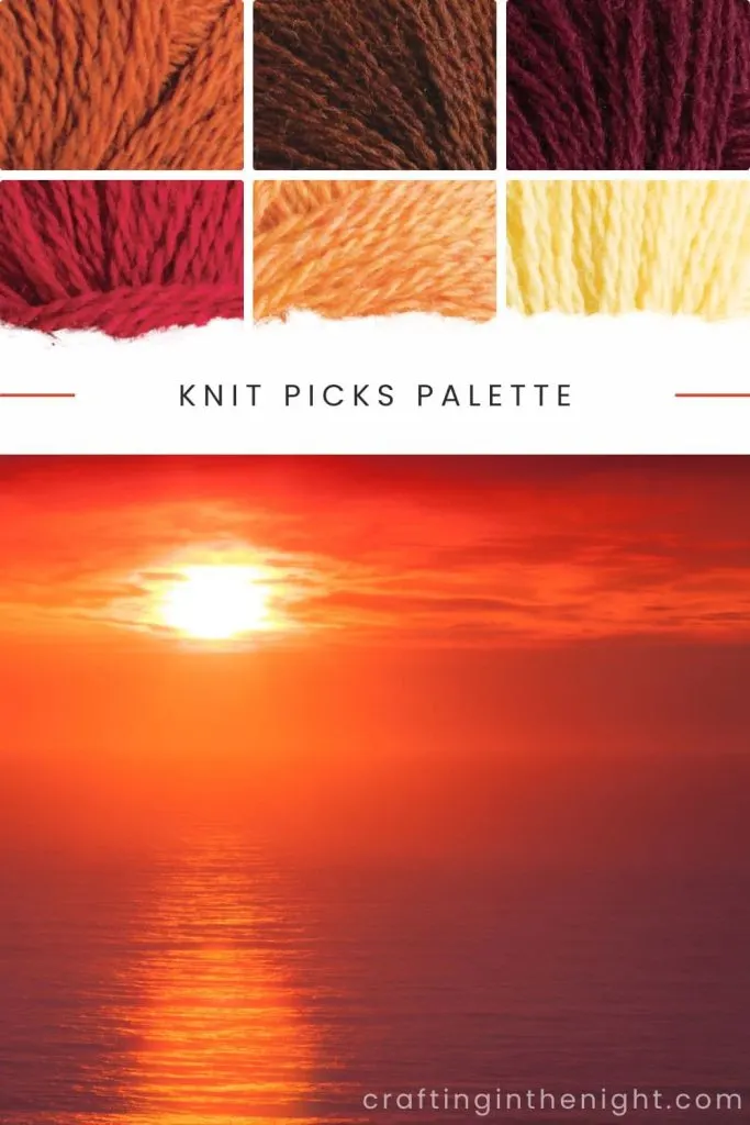 Flame in the Sky yarn orange color palette for crochet or knit includes dark orange, brown, plum, red, light orange, and yellow in Knit Picks Palette