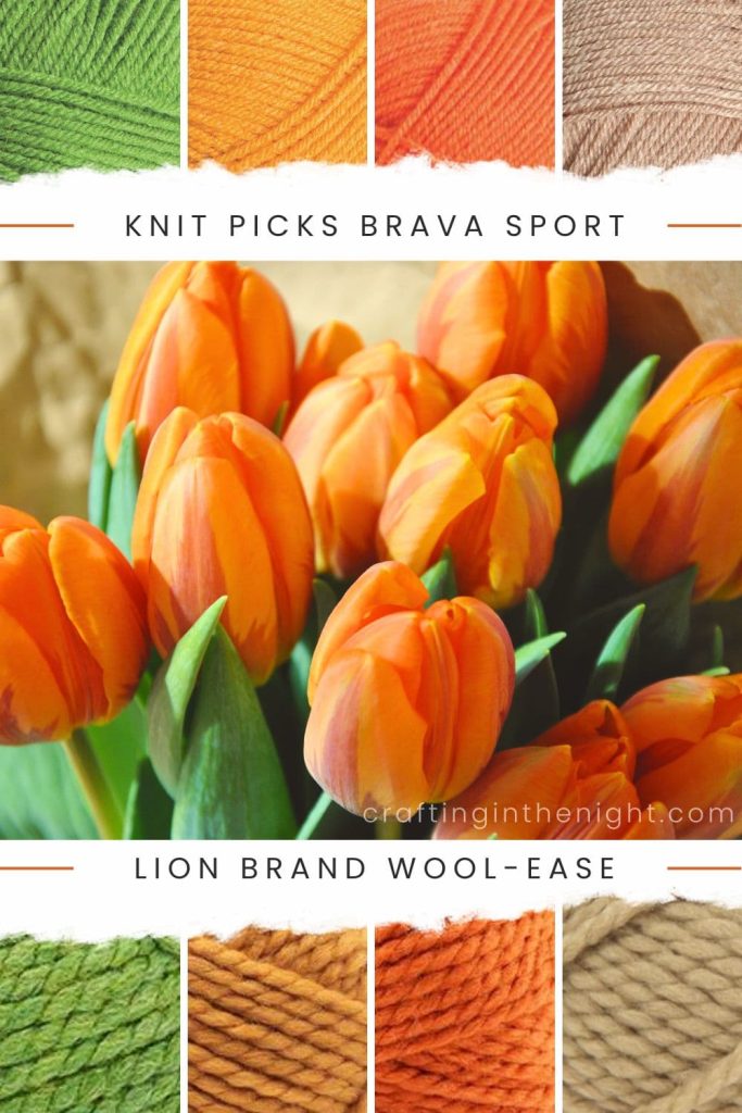 Golden Blossoms yarn orange color palette for crochet or knit includes green, yellow, orange, and cream in Knit Picks Brava Sport and Lion Brand Wool-Ease