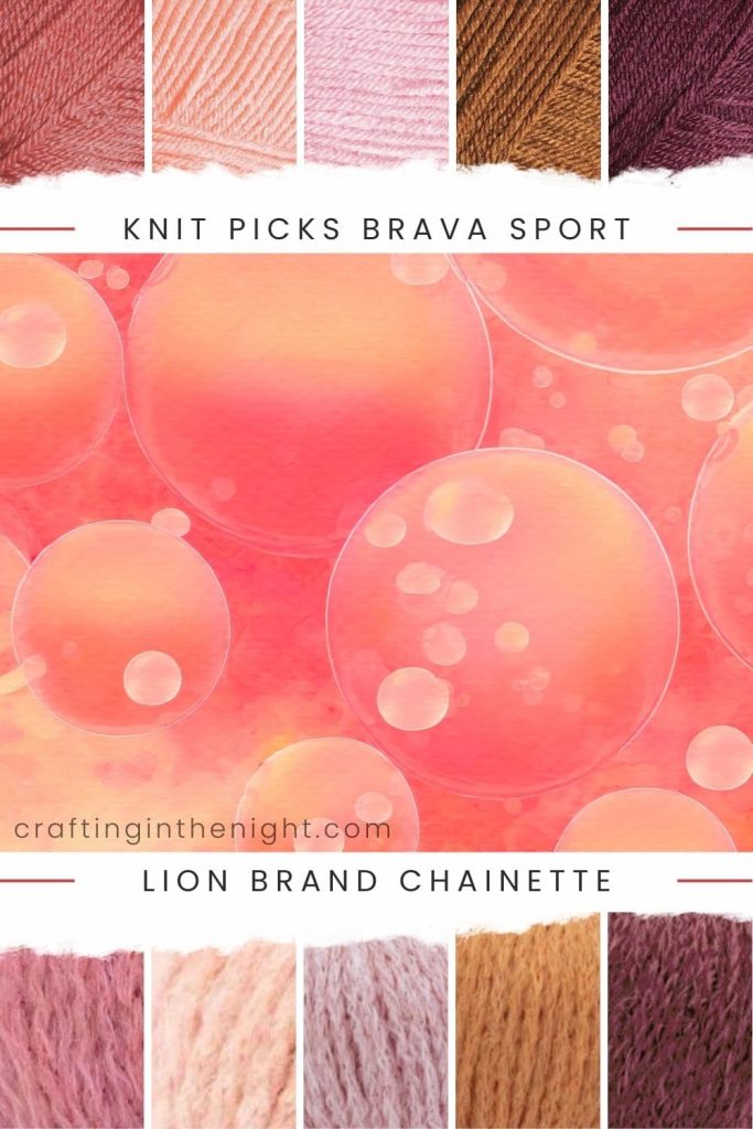 Ideal Choice Peach Yarn Color Palette for crochet and knits. Includes colors coral, seashell, cotton candy, brindle, currant in Knit Picks Brava Sport and Lion Brand Chainette LB Collection