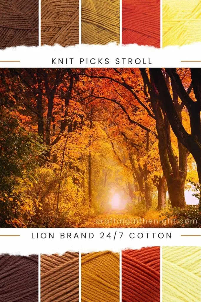 Magic of Fall Fall Color Palette for Crochet or Knits Yarn includes Dark Brown, Brown, Amber, Red, and Yellow in Knit Picks Stroll and Lion Brand 24/7 Cotton
