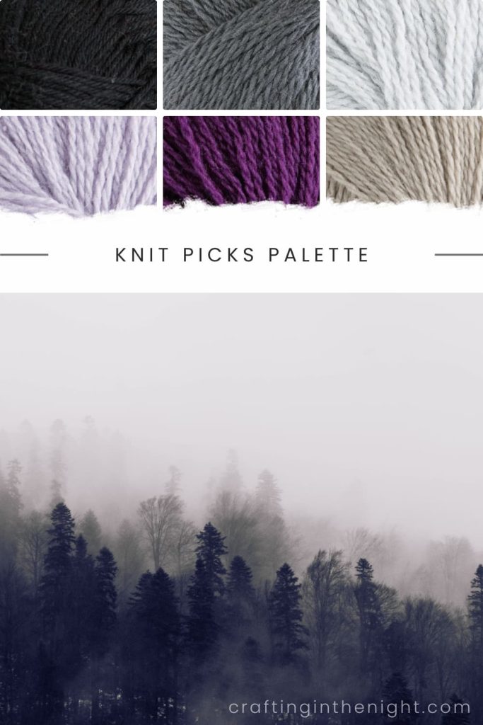 Black Color Palette for crochet or knit. Includes color cream, lilac, violet, white, black and grey  in Knit Picks Palette