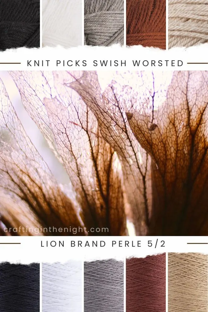 Our Thanks To You Yarn Color Palette for crochet or knit, includes colors Black, White, Squirrel Heather, Copper, Nutmeg Heather, Pure White, Silver Birch, Tobacco and Harvest in Knit Picks Swish Worsted and Lion Brand Perle