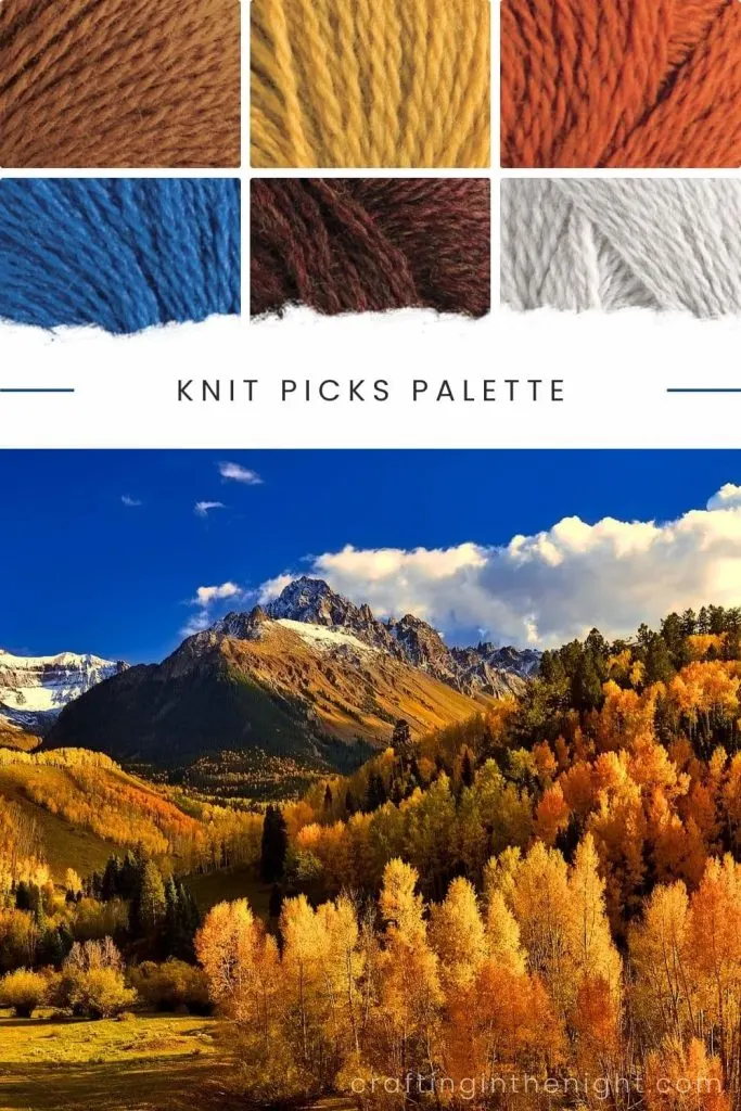 Stunning Change Fall Color Palette for Crochet or Knits Yarn includes Brown, Mustard, Orange, Blue, Merlot, and Grey in Knit Picks Palette 