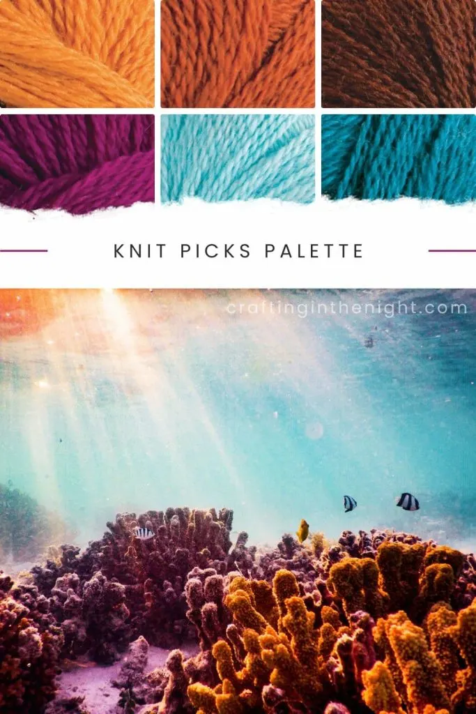 The Deep Blue Yarn Color Palette for crochet or knit, includes colors  Sweet Potato, Masala, Rooibos Heather, Fairy tale, Wonderland Heather, and Calypso Heather in Knit Picks Palette