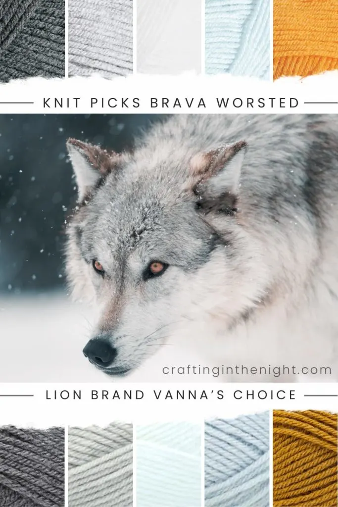 Black Color Palette for crochet or knit. Includes color white, sky blue, mustard black and grey  in Knit Picks Brava Worsted and Lion Brand Vanna's Choice