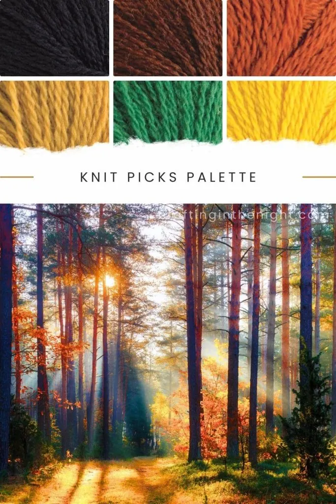 The Golder Forests Fall Color Palette for Crochet or Knits Yarn includes Black, Brow, Orange, Mustard, Green, and Yellow in Knit Picks Pallete