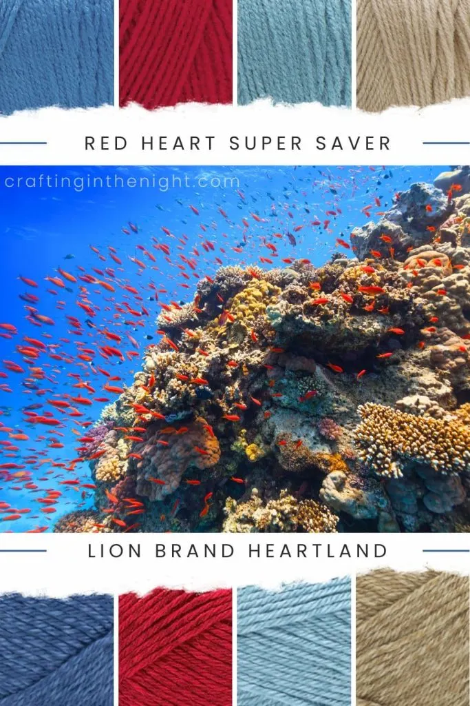 Underwater Beauty Yarn Color Palette for crochet or knit, includes colors Delft Blue, Hot Red, Country Blue, Buff, Carlsbad Caverns, Redwood, Voyageurs, and Indiana Dunes in Red Heart Super Saver and Lion Brand Heartland