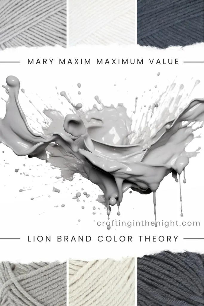 Black Color Palette for crochet or knit. Includes color white, black and grey  in Mary Maxim Value and Lion Brand Color Theory