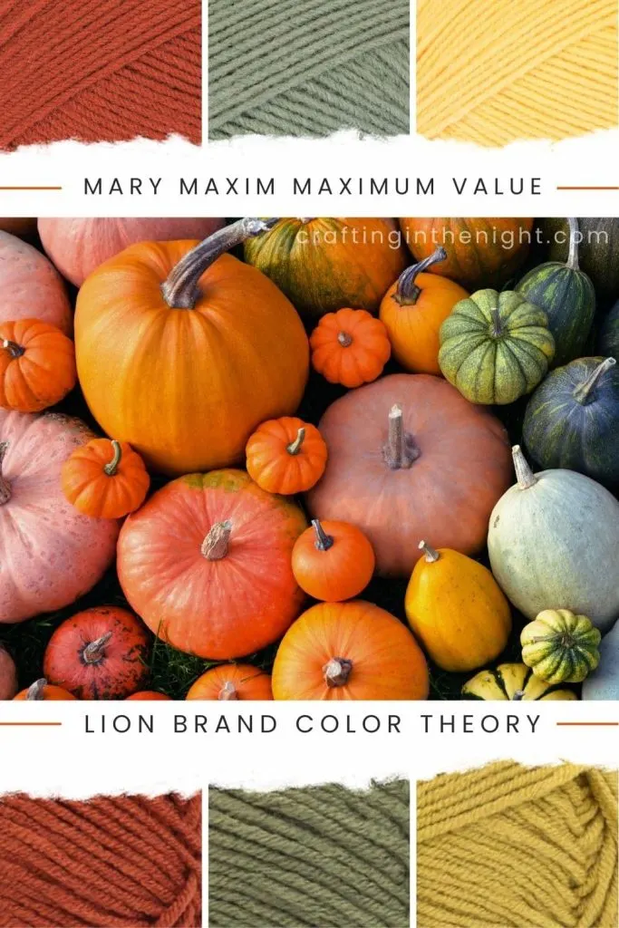 Vibrant Patch Fall Color Palette for Crochet or Knits Yarn includes Red, Green, and Yellow in Mary Maxim Maximum Value and Lion Brand Color Theory