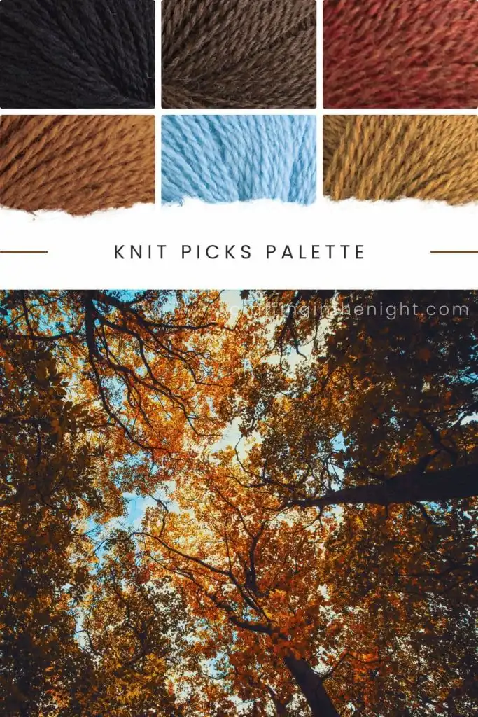 Wilderness Joy Yarn Color Palette for crochet or knit, includes colors Black, Grizzly Heather, Autumn Heather, Toffee, Sky, and Brass Heather in knit Picks Palette