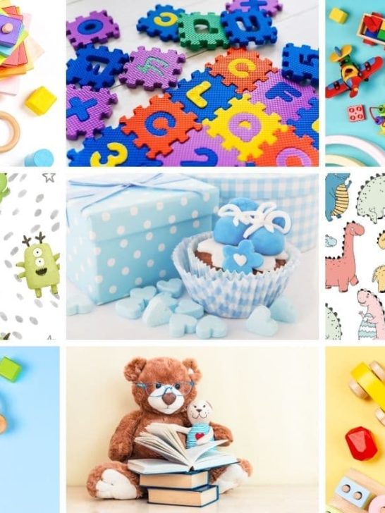 collage of different images of baby boy toys from the baby boy color palette post
