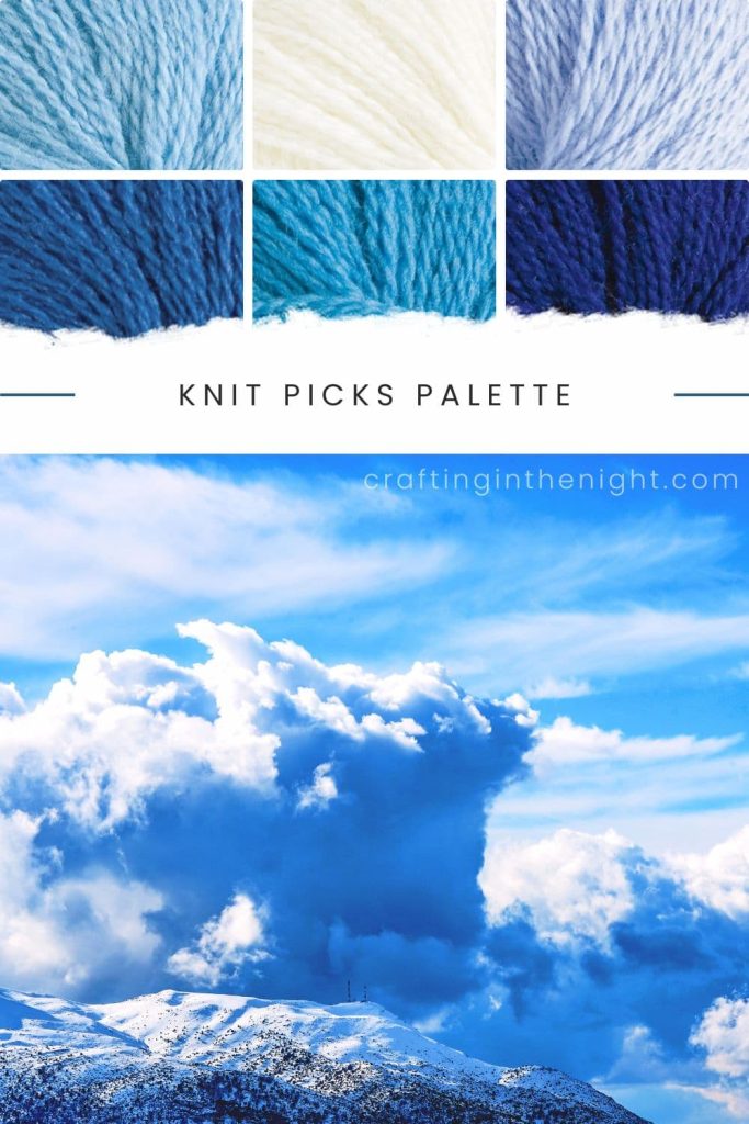 Above Clouds Yarn Color Palette for crochet or knit, includes colors Sky, White, Bluebell, Blue, Whirlpool, and Jay in Knit Picks Palette