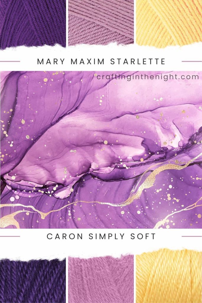 Mauve Color Palette for crochet or knit. Includes color royal purple, dusty rose, soft yellow  in Mary Maxim Starlette and Caron Simply Soft