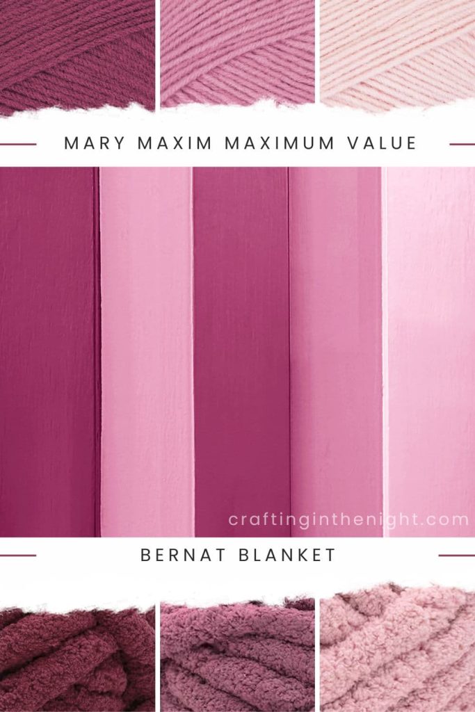 Mauve Color Palette for crochet or knit. Includes color dark pink, medium pink, light rose  in Mary Maxim Starlette and Bernat Blanket Big