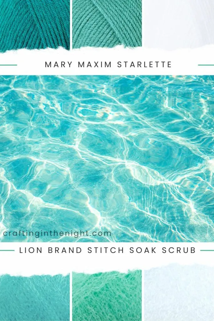 Turquoise yarn color palette. Captivating Allure include colors turquoise, teal, white from Mary Maxim Starlette and Lion Brand Stitch Soak Scrub