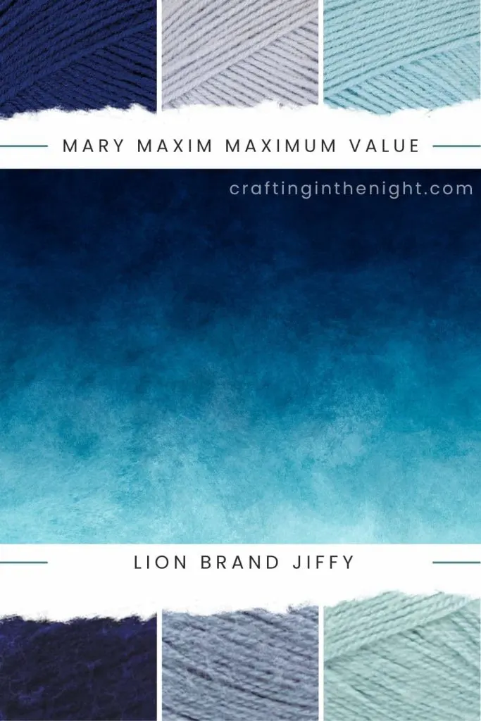 Dark Resonance yarn color palette for crochet or knit includes dark blue, light grey, and light teal in Mary Maxim Maximum Value and Lion Brand Jiffy Bonus Bundle