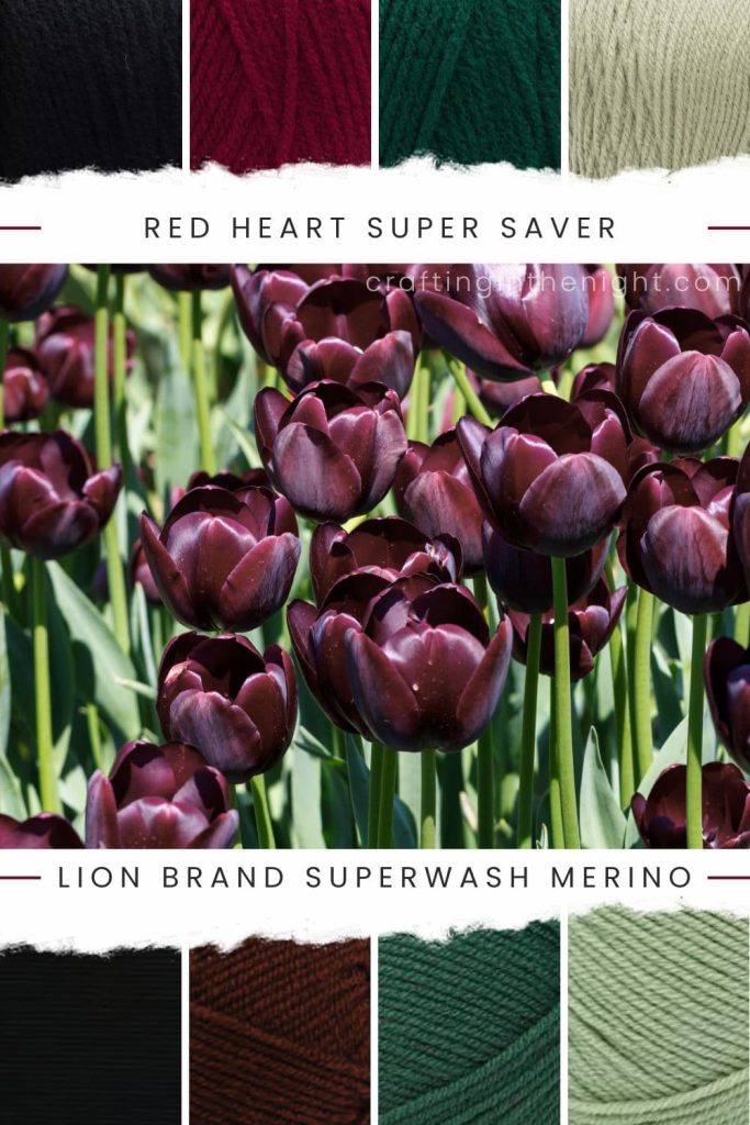 Maroon Yarn Color Palette for Crochet & Knits. Under Deep Red Blooms includes colors Black, Burgundy, Hunter Green, Frosty Green in Red Heart Super Saver and Lion Brand Superwash Merino LB Collection
