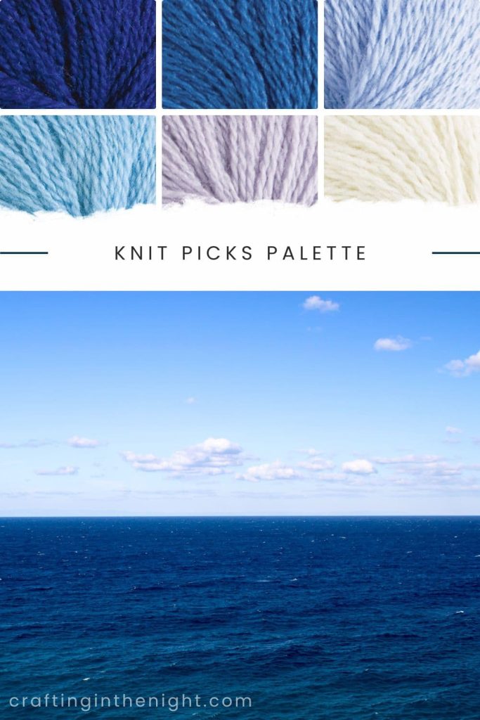 Delightful Serenity yarn color palette for crochet or knit includes Royal Blue, Blue, Light Blue, Sky Blue, Light Purple, and Cream in Knit Picks Palette