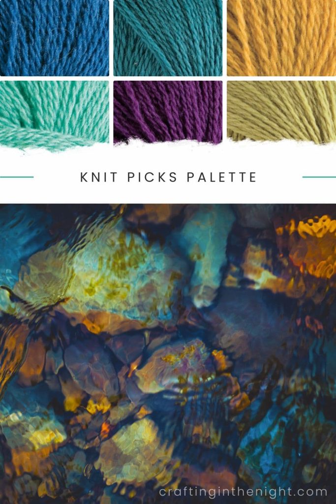 Teal Yarn Color Palette for crochet or knit. Under Earth’s Essence includes colors Delta, Seafaring, Turmeric, Tranquil, Mulberry, and Lichen in Knit Picks Palette