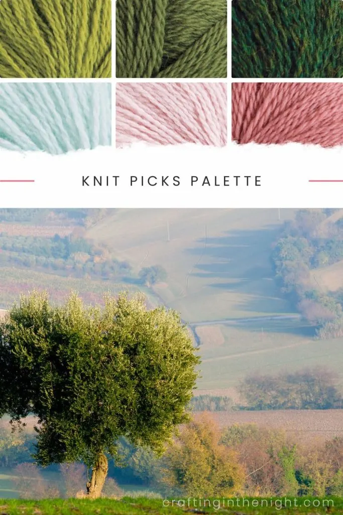 Effortlessly Trendy Yarn Color Palette for crochet or knit, includes colors Tarragon, Clover, Forest Heather, Clarity, Blush, and Tea Rose in Knit Picks Palette