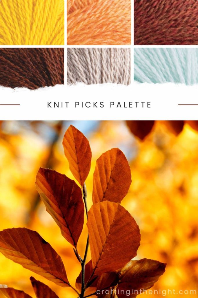 Effortlessly Versatile yarn color palette for crochet or knit includes Yellow, Light Orange, Brown, Dark Brown, Soft Brown, and Soft Baby Blue in Knit Picks Palette 