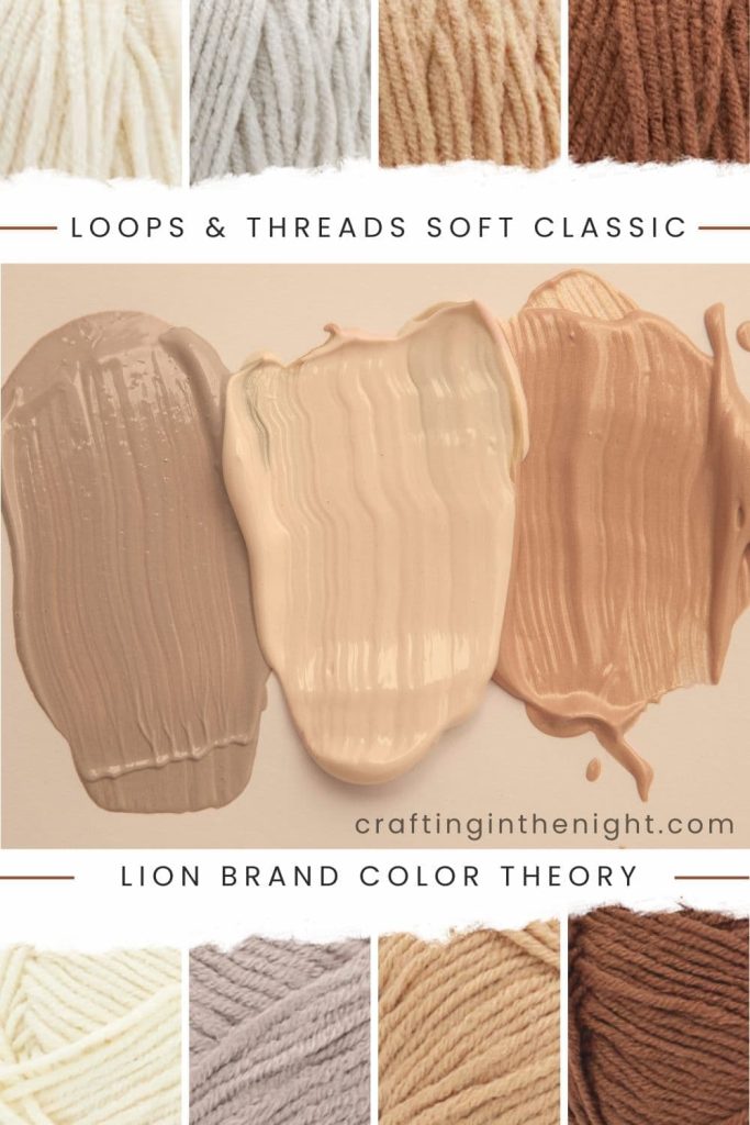 Beige yarn color palette for crochet & knits. Elegant Versatility includes colors off white, mushroom, taupe, toasted almond from Loops & Threads Impeccable and Lion Brand Color Theory