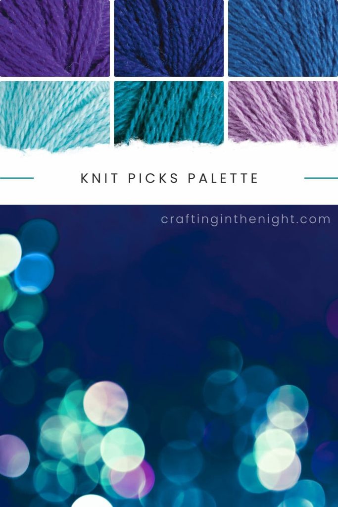 Flawless Mix yarn color palette for crochet or knit includes Purple, Royal Blue, Blue, Light Blue, Dark Blue Green, and Light Purple in Knit Picks Palette