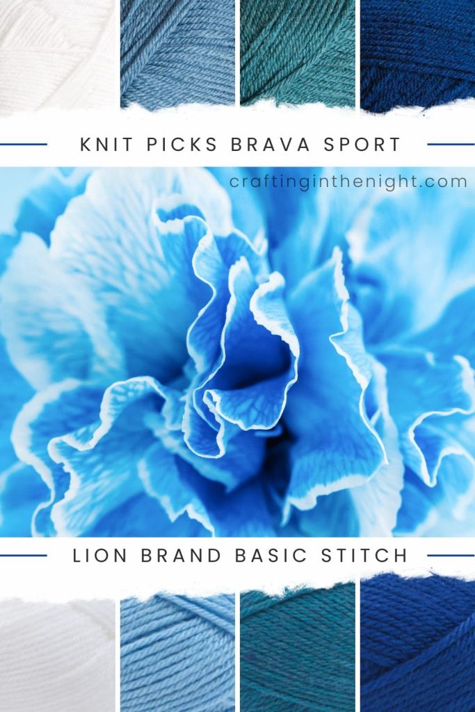 Full Bloom Yarn Color Palette for crochet or knit, includes colors White, Denim, Tidepool, Solstice Heather, Baby Blue, Turquoise Heather, and Royal Blue in Knit Picks Brava Sport and Lion Brand Basic Stitch Anti-Pilling