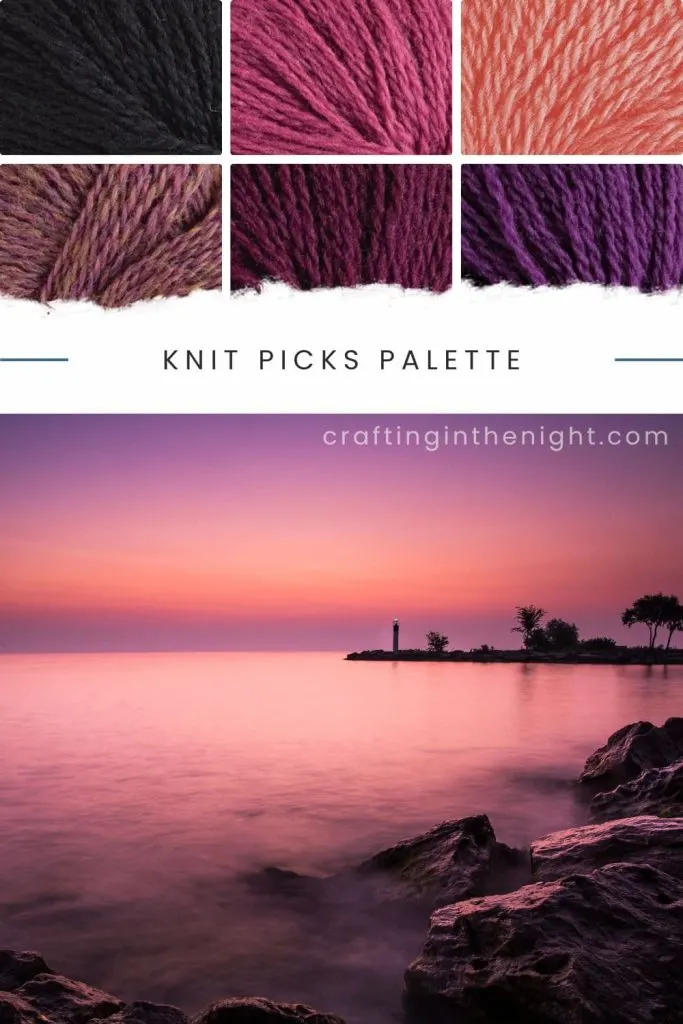 Mauve Color Palette for crochet or knit. Includes color black, mauve, conch, bouquet heather, regal, mulberry  in Knit Picks Palette