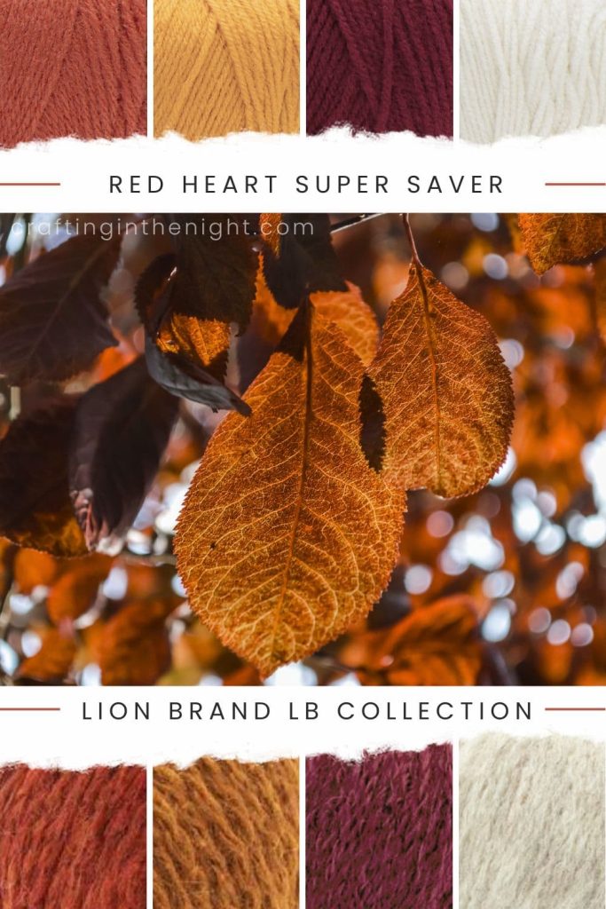 Heart of Nature yarn color palette for crochet or knit includes Orange Red, Gold, Red Violet, and White in Red Heart Super Saver and Lion Brand LB Collection Chainette