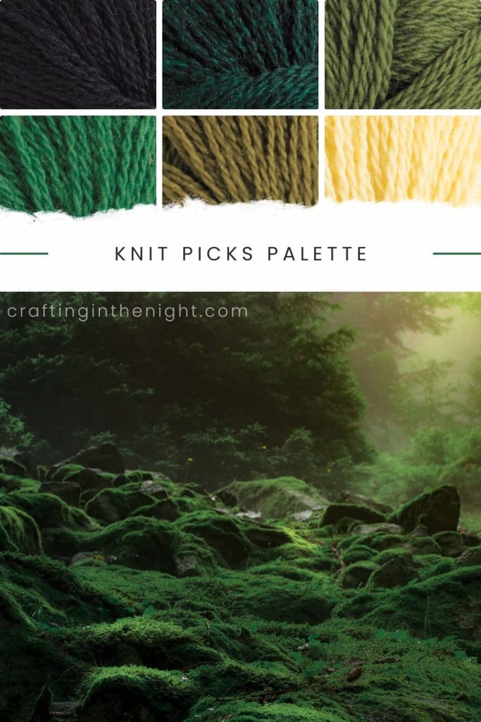 Dark Green color palette for crochet and knits. Under Lively Ambiance includes colors black, aurora heather, clover, grass, caper, custard from Knit Picks Palette.