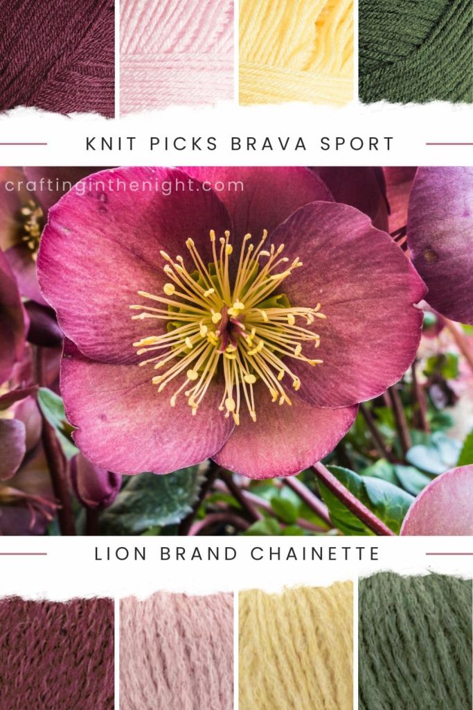 Mauve Color Palette for crochet or knit. Includes color currant, blush, custard, dublin in Knit Picks Brava Sport and Lion Brand Chainette LB Collection