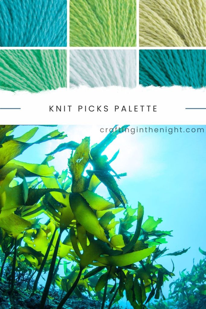 Blue Green yarn color palette for crochet and knits. Under Nature's Harmony includes the colors caribbean, limeade heather, green tea heather, pistachio, clarity, marina from Knit Picks Palette