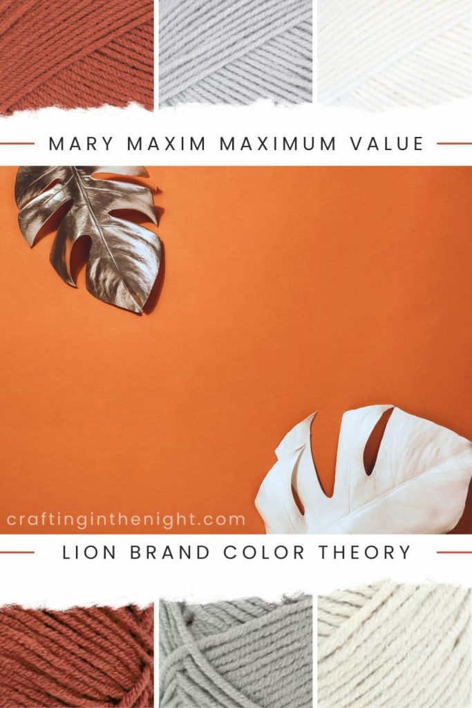 Perfectly Balance yarn color palette for crochet or knit includes Brown, Light Grey, and White in Mary Maxim Maximum Value and Lion Brand Color Theory 