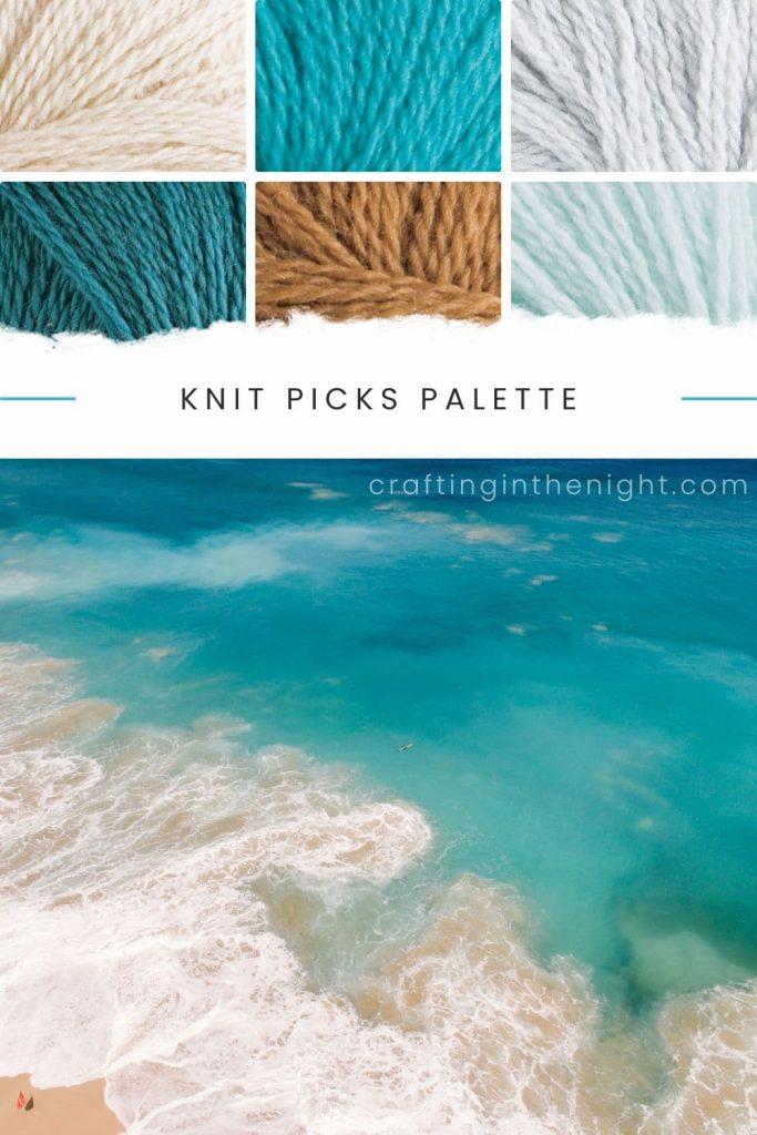 Turquoise yarn color palette. Serene Spirit include colors oyster heather, caribbean, mist, seafaring, doe, clarity from Knit Picks Palette
